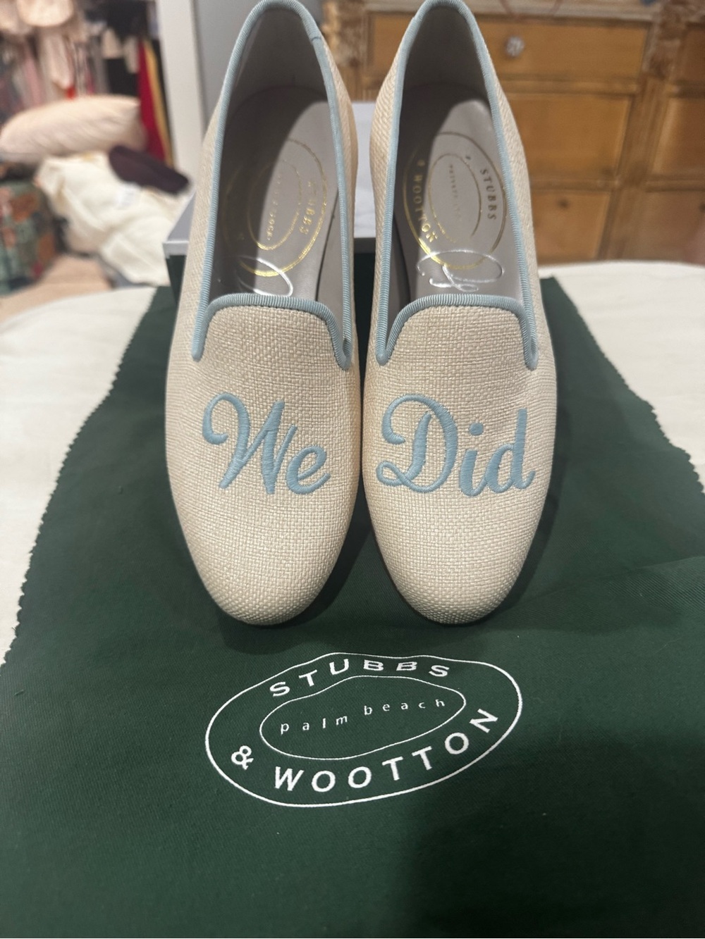 Stubbs & Wootton Cream Slippers with Light Blue 'We Did' Embroidery